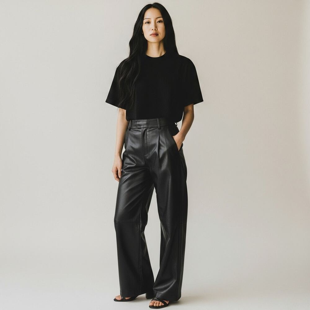 Line & Dot Mika Wide Leg Pants Women's Small Black Faux‎ Leather Pleated Pockets